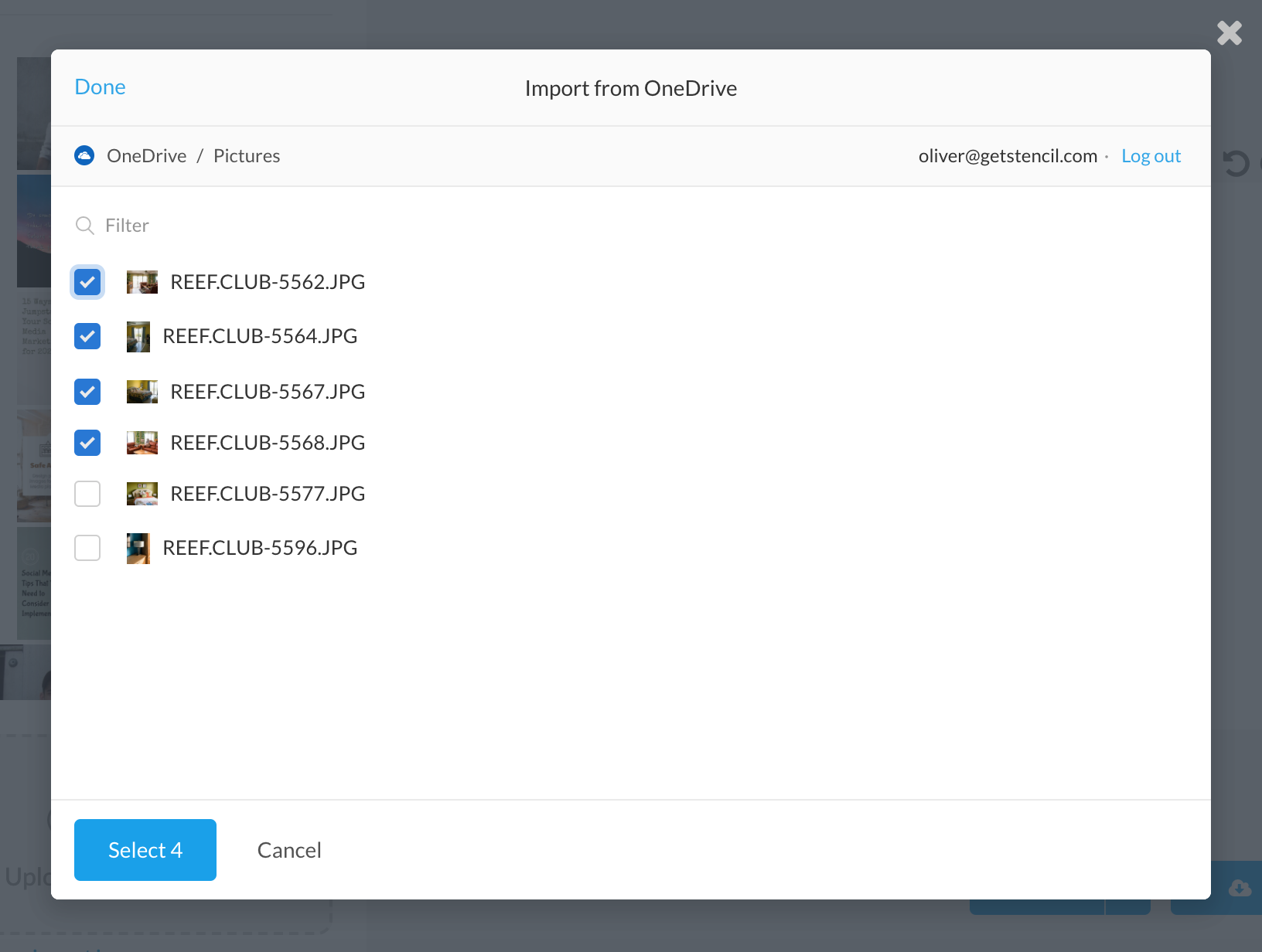 Select photos from your One Drive account